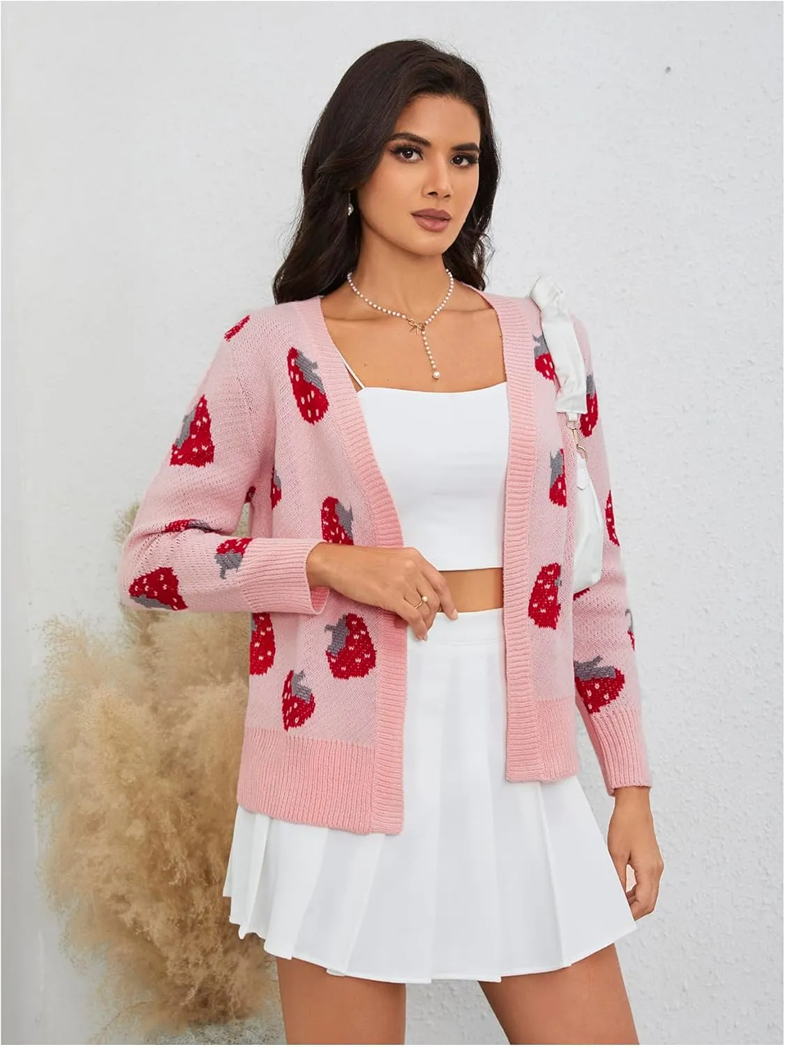 MakeMeChic Women's Strawberry Cardigan Sweater Long Sleeve Ribbed Knit Open Front Casual Outerwear