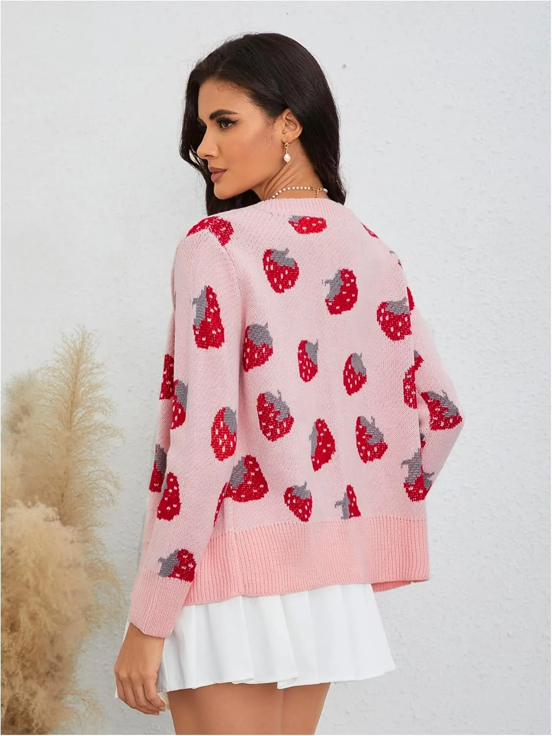 MakeMeChic Women's Strawberry Cardigan Sweater Long Sleeve Ribbed Knit Open Front Casual Outerwear