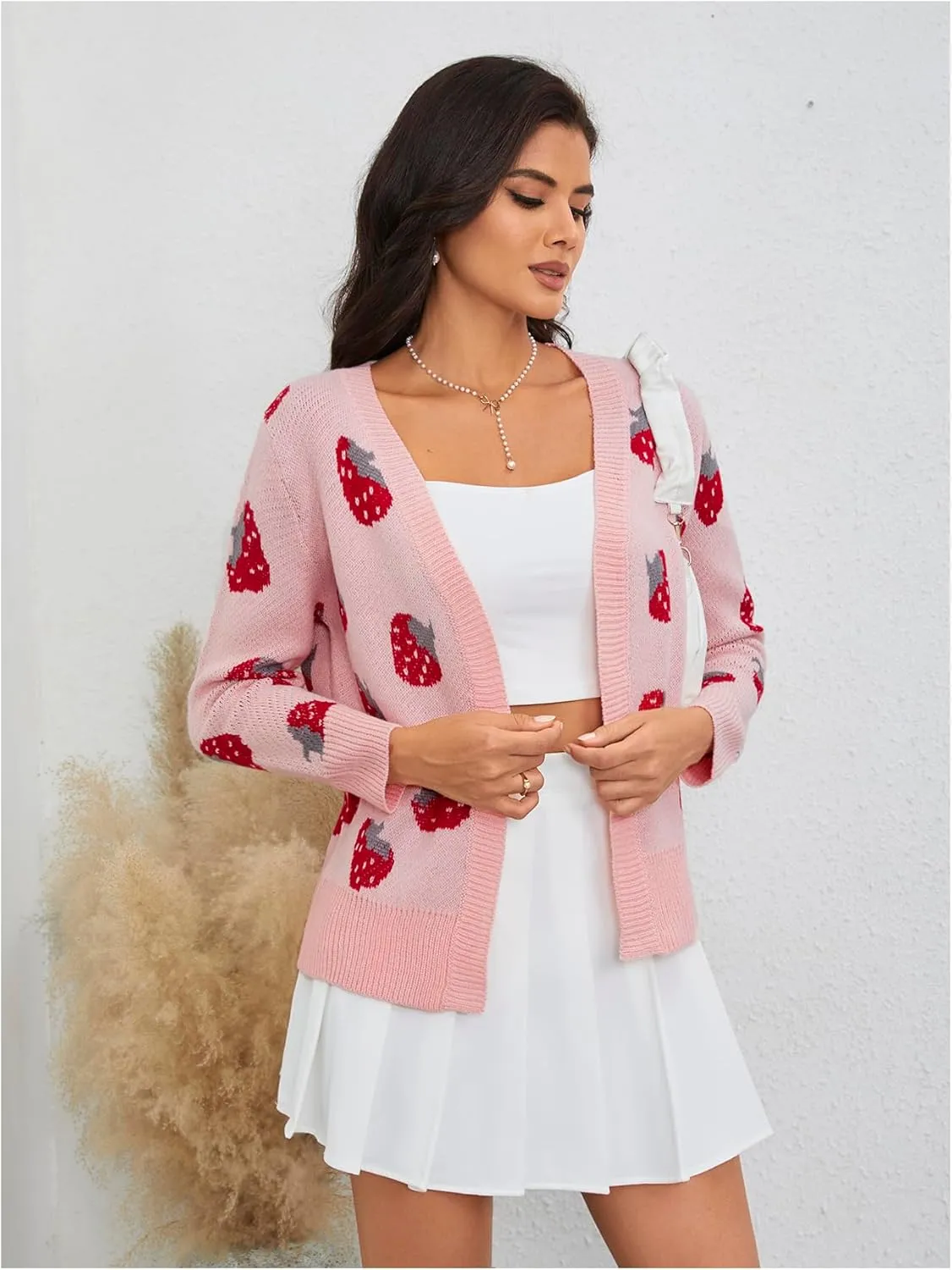 MakeMeChic Women's Strawberry Cardigan Sweater Long Sleeve Ribbed Knit Open Front Casual Outerwear