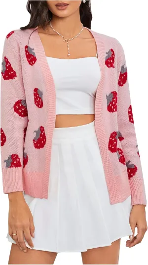 MakeMeChic Women's Strawberry Cardigan Sweater Long Sleeve Ribbed Knit Open Front Casual Outerwear