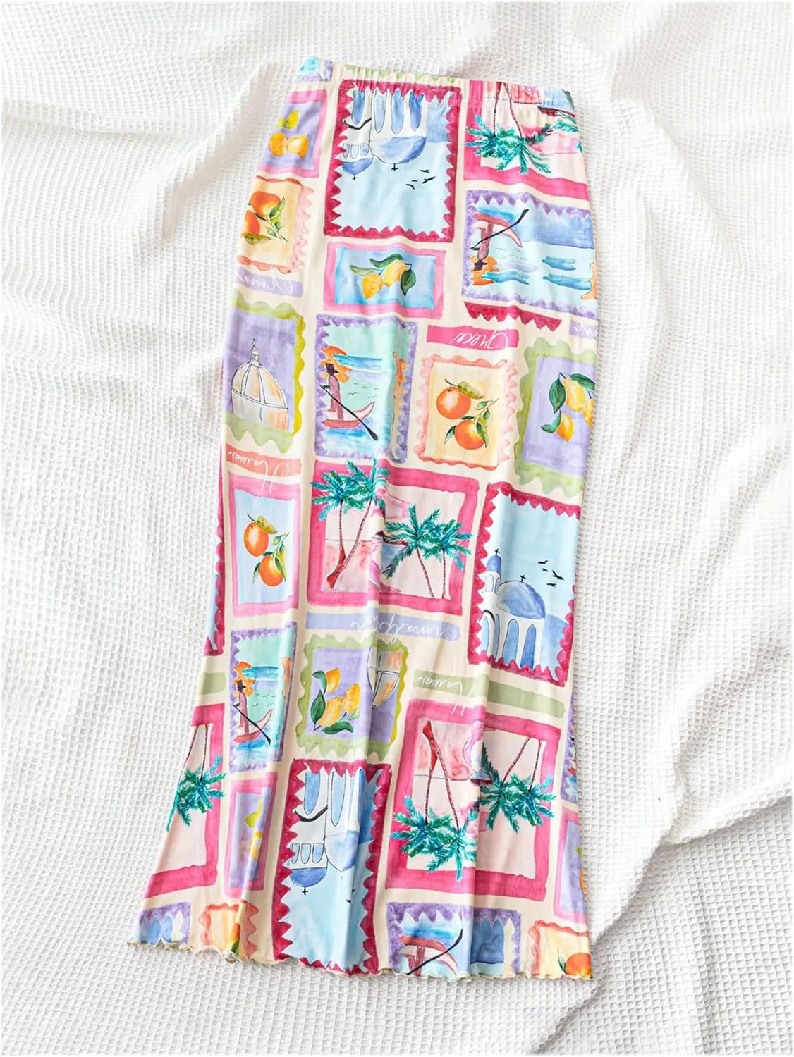 MakeMeChic Women's Tropical Print Maxi Skirt Elastic Waist Bodycon Boho Long Skirts
