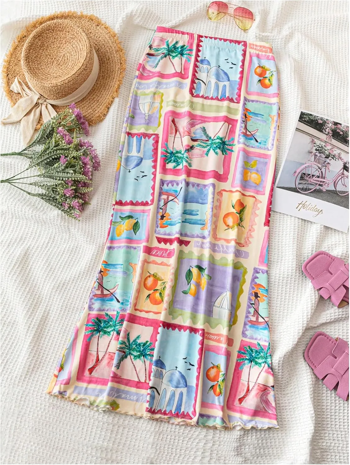 MakeMeChic Women's Tropical Print Maxi Skirt Elastic Waist Bodycon Boho Long Skirts