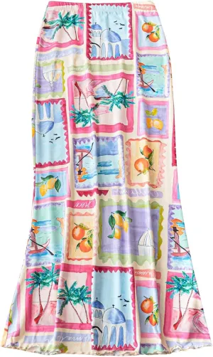 MakeMeChic Women's Tropical Print Maxi Skirt Elastic Waist Bodycon Boho Long Skirts