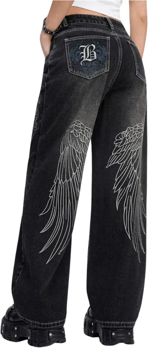 MakeMeChic Women's Y2K Graphic Jeans Wide Leg Loose Long Denim Pants with Pockets