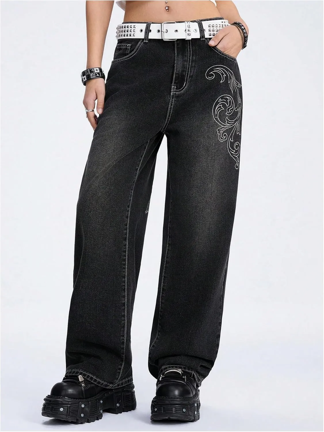 MakeMeChic Women's Y2K Graphic Jeans Wide Leg Loose Long Denim Pants with Pockets
