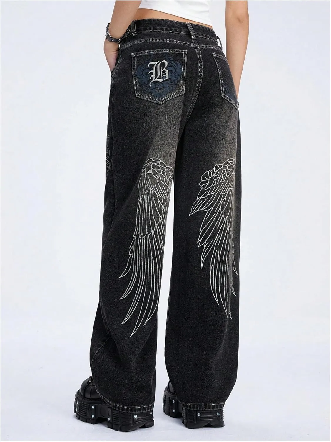 MakeMeChic Women's Y2K Graphic Jeans Wide Leg Loose Long Denim Pants with Pockets