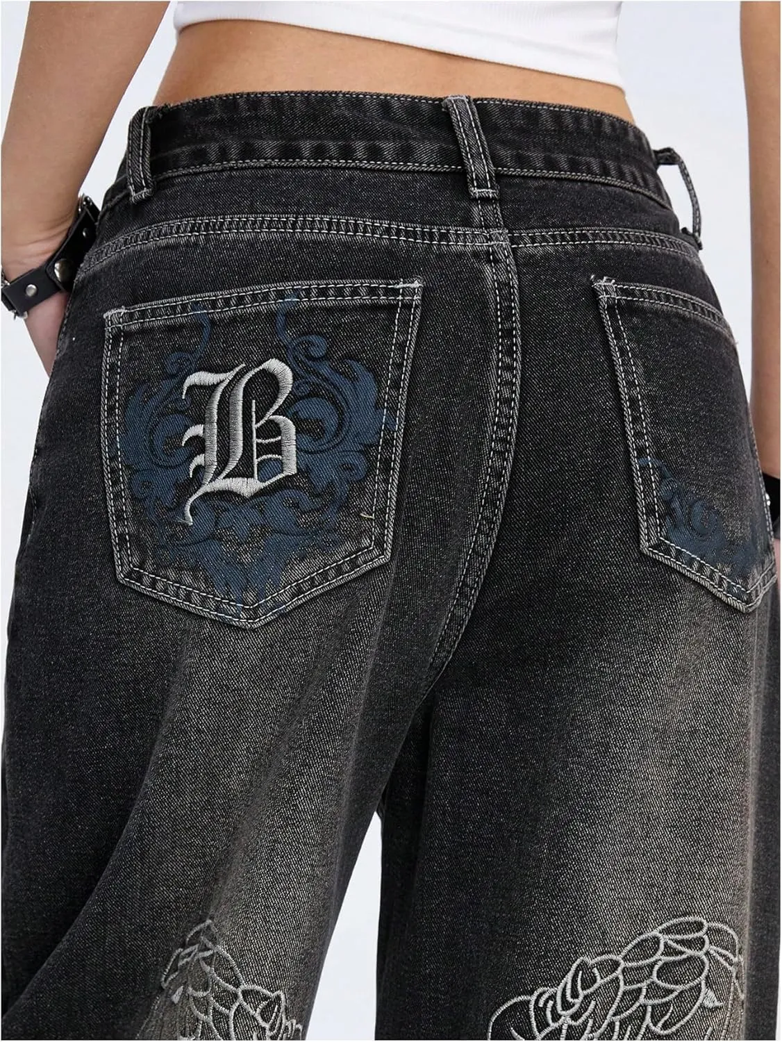 MakeMeChic Women's Y2K Graphic Jeans Wide Leg Loose Long Denim Pants with Pockets