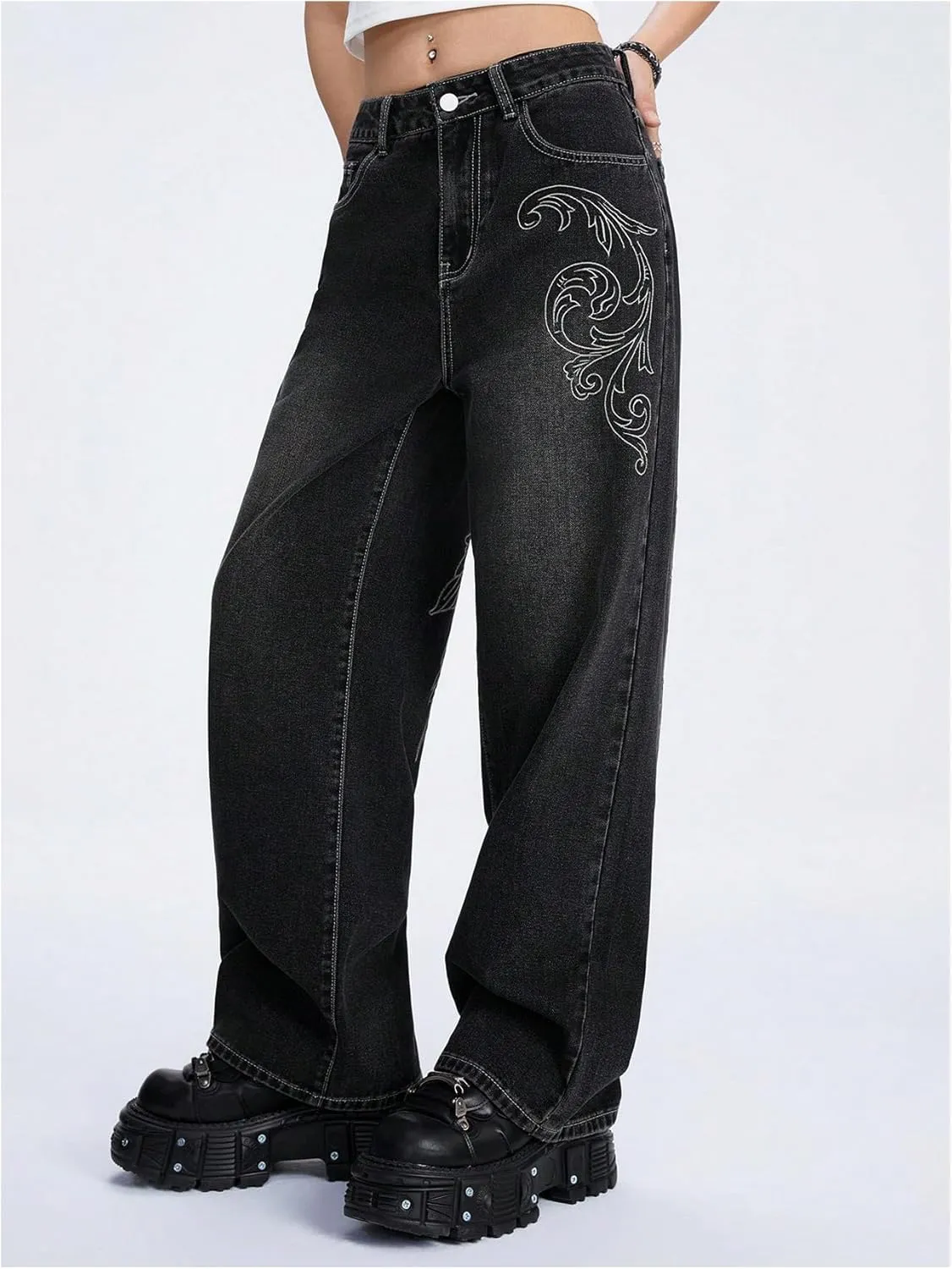 MakeMeChic Women's Y2K Graphic Jeans Wide Leg Loose Long Denim Pants with Pockets