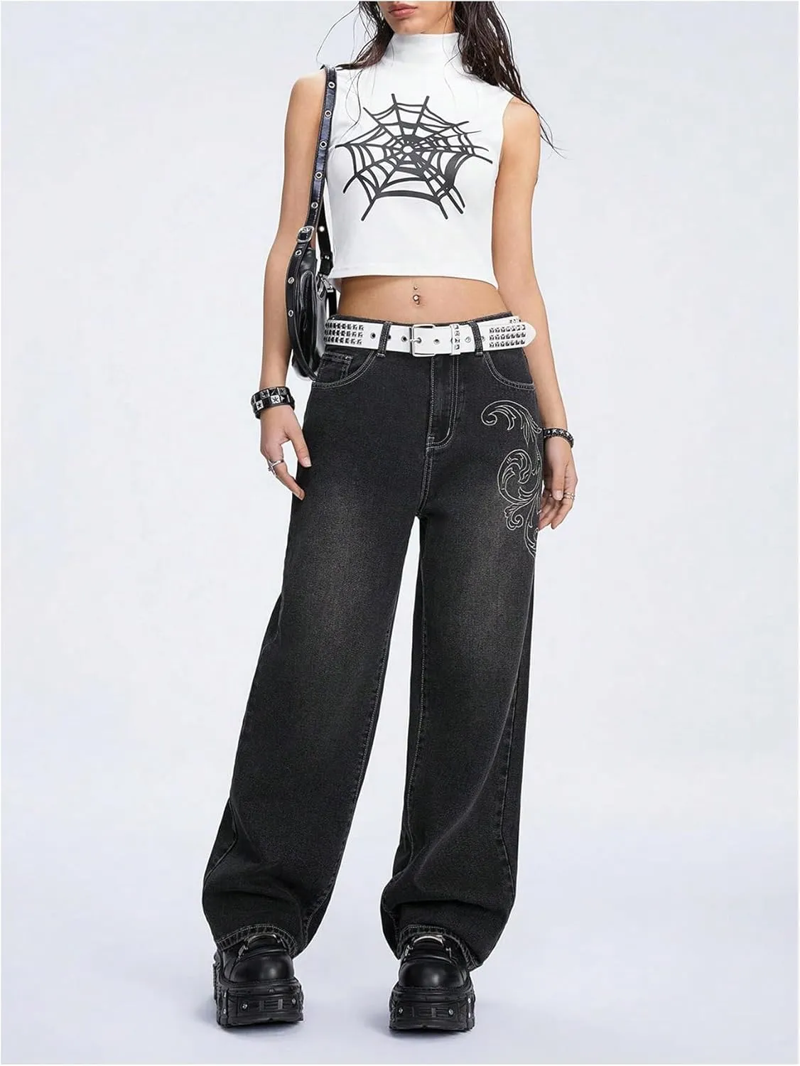 MakeMeChic Women's Y2K Graphic Jeans Wide Leg Loose Long Denim Pants with Pockets