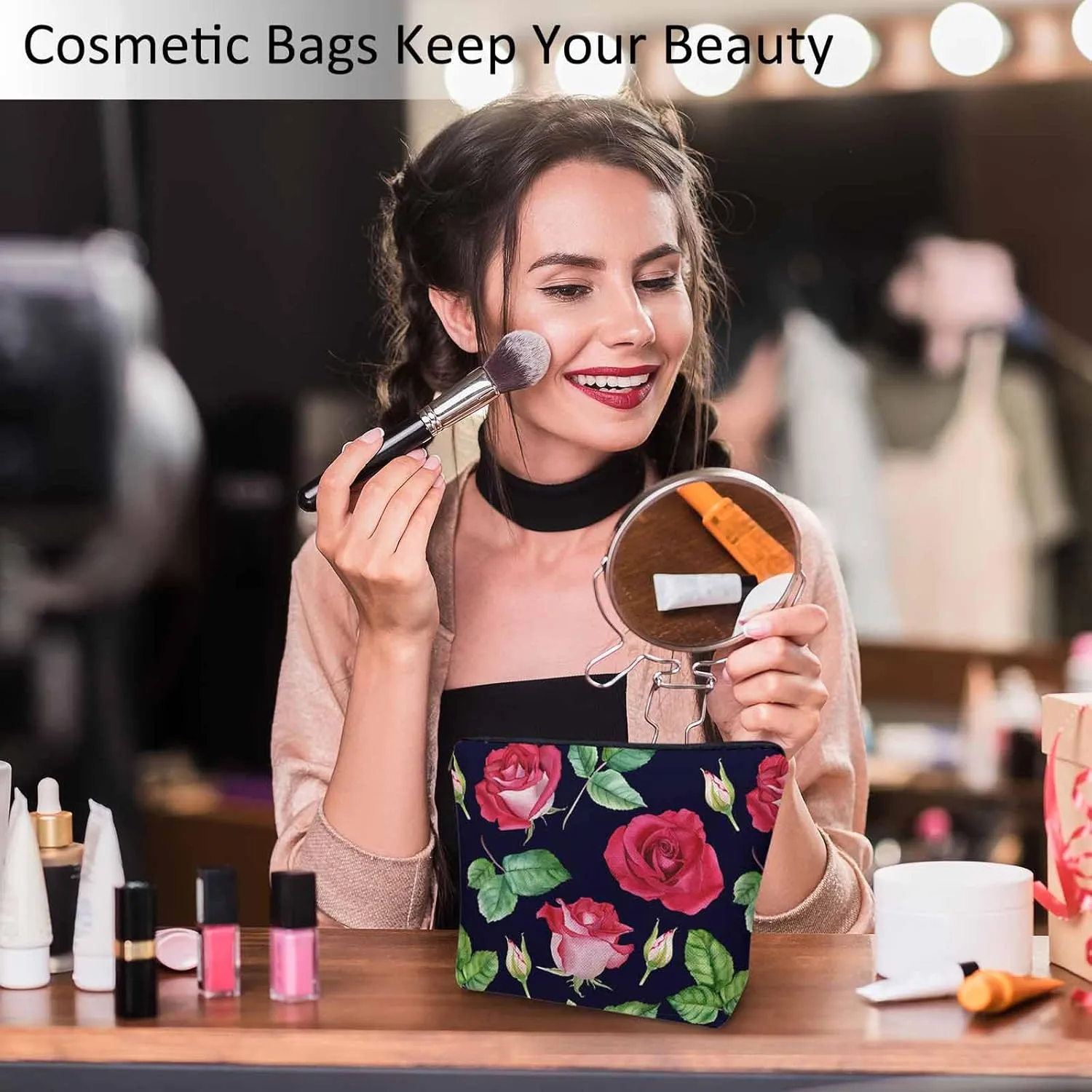 Makeup Bag For Purse Rose, Blossom Flowers Roses Buds Cosmetic Bags For Women With Zipper Travel Toiletry Pouch Makeup Bags Makeup Organizers Purse For Toiletries Cosmetics