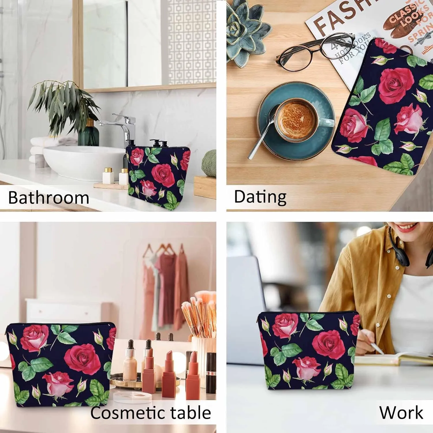 Makeup Bag For Purse Rose, Blossom Flowers Roses Buds Cosmetic Bags For Women With Zipper Travel Toiletry Pouch Makeup Bags Makeup Organizers Purse For Toiletries Cosmetics