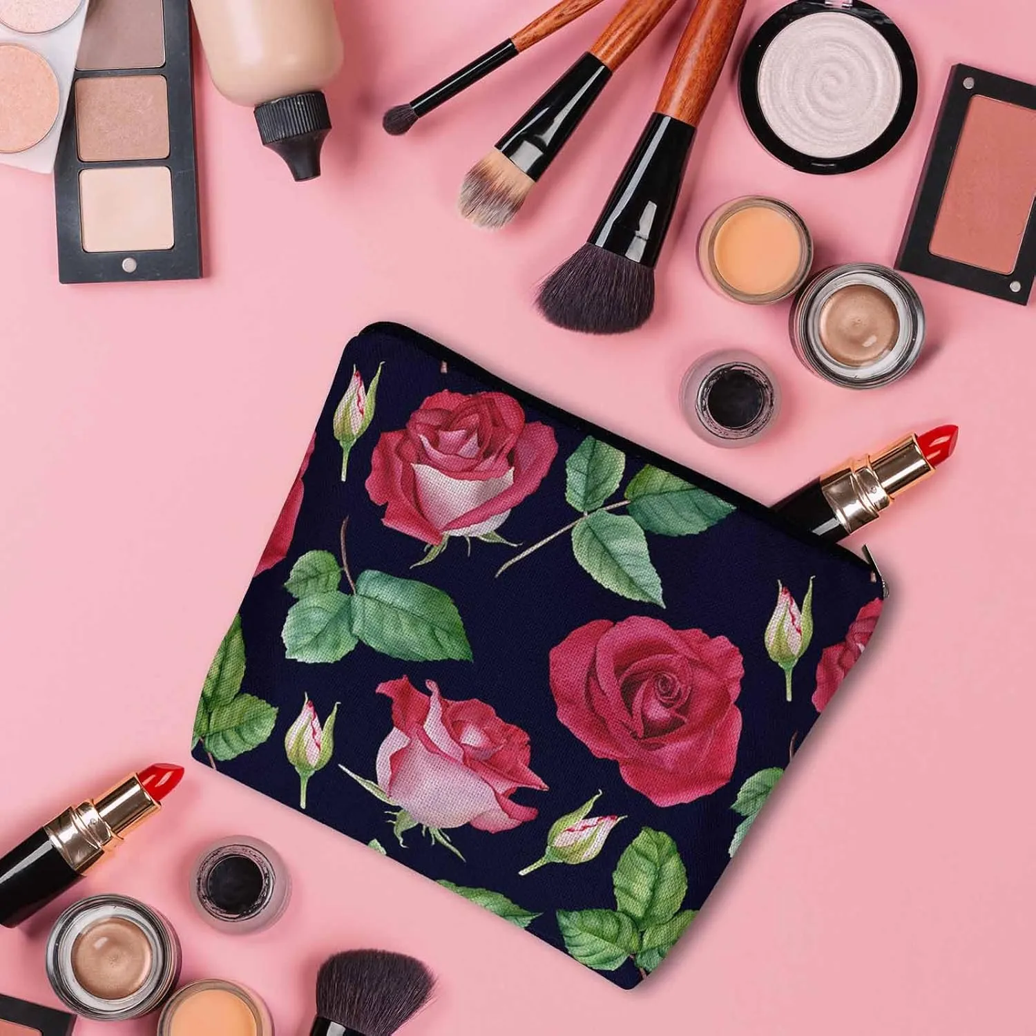 Makeup Bag For Purse Rose, Blossom Flowers Roses Buds Cosmetic Bags For Women With Zipper Travel Toiletry Pouch Makeup Bags Makeup Organizers Purse For Toiletries Cosmetics