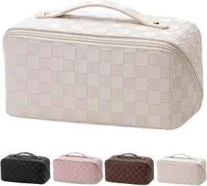 Makeup Bag, Upgrade Make Up Bags Large Capacity Travel Cosmetic Bag Lay Flat Makeup Bag Organizer Portable Waterproof Leather Large Makeup Bags for Women,Milk Apricot