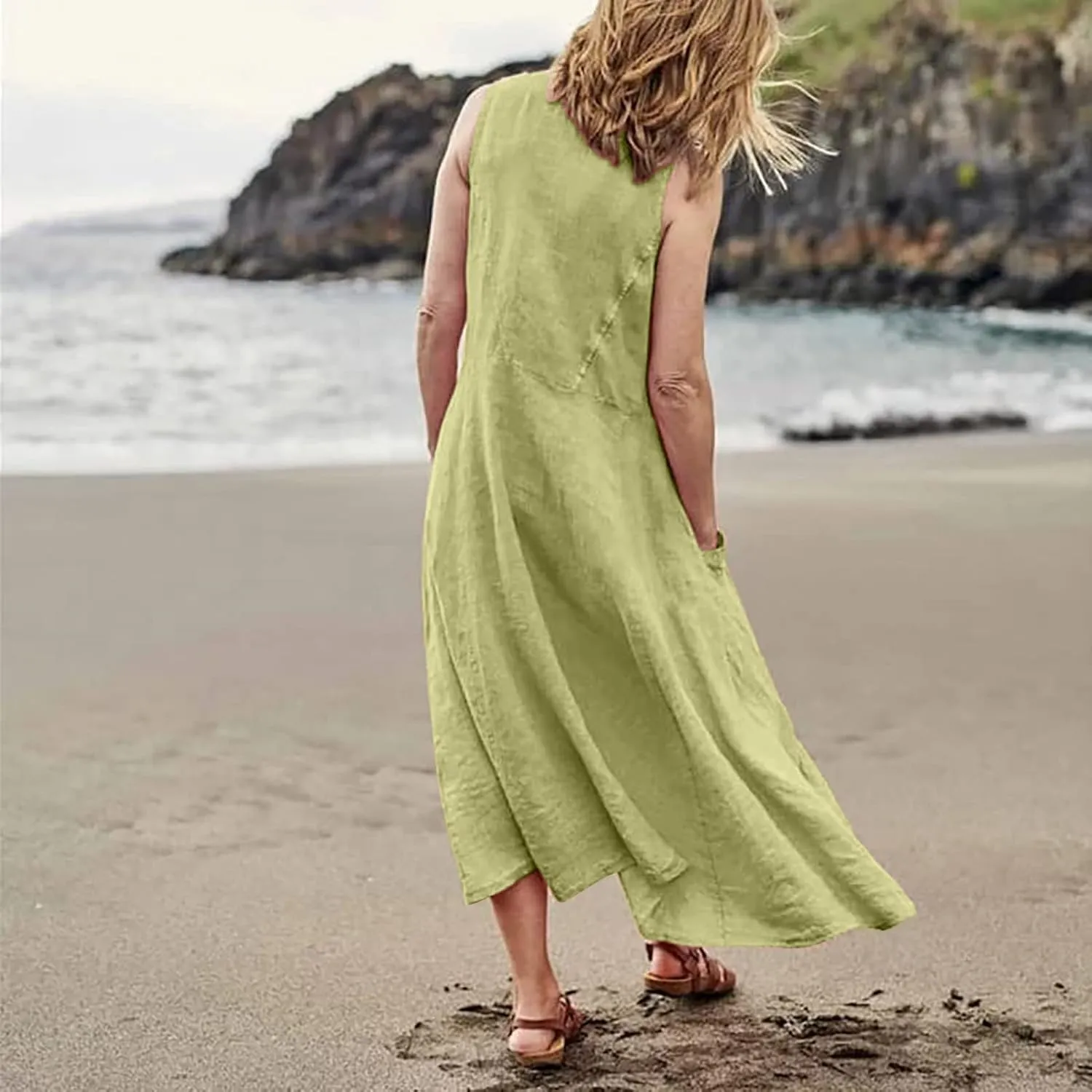 Maxi Dress for Women,2023 Spring Summer Cotton Linen Boho Casual Fashion Sleeveless Dress for Holiday