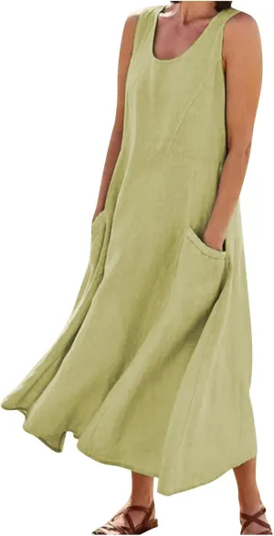 Maxi Dress for Women,2023 Spring Summer Cotton Linen Boho Casual Fashion Sleeveless Dress for Holiday