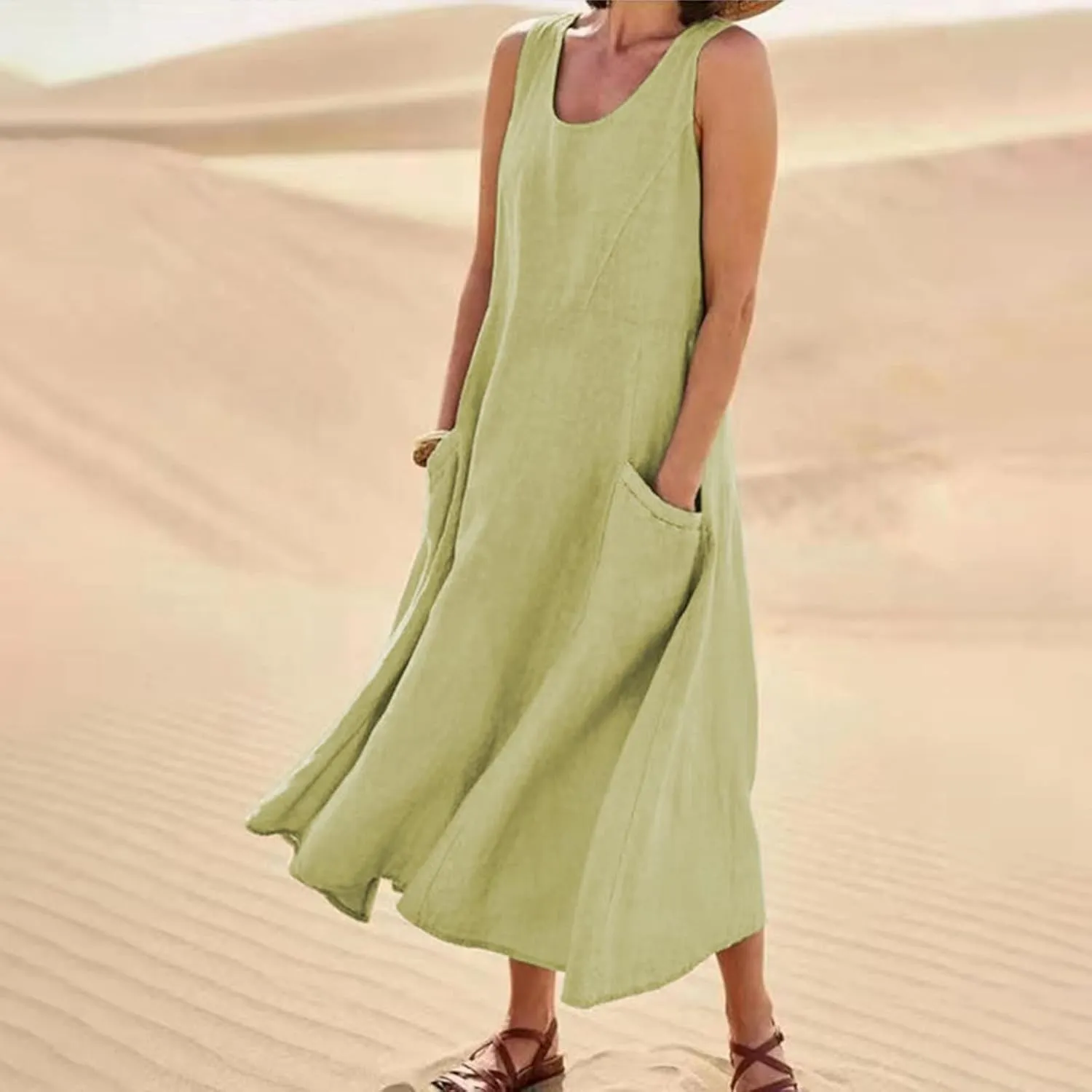 Maxi Dress for Women,2023 Spring Summer Cotton Linen Boho Casual Fashion Sleeveless Dress for Holiday