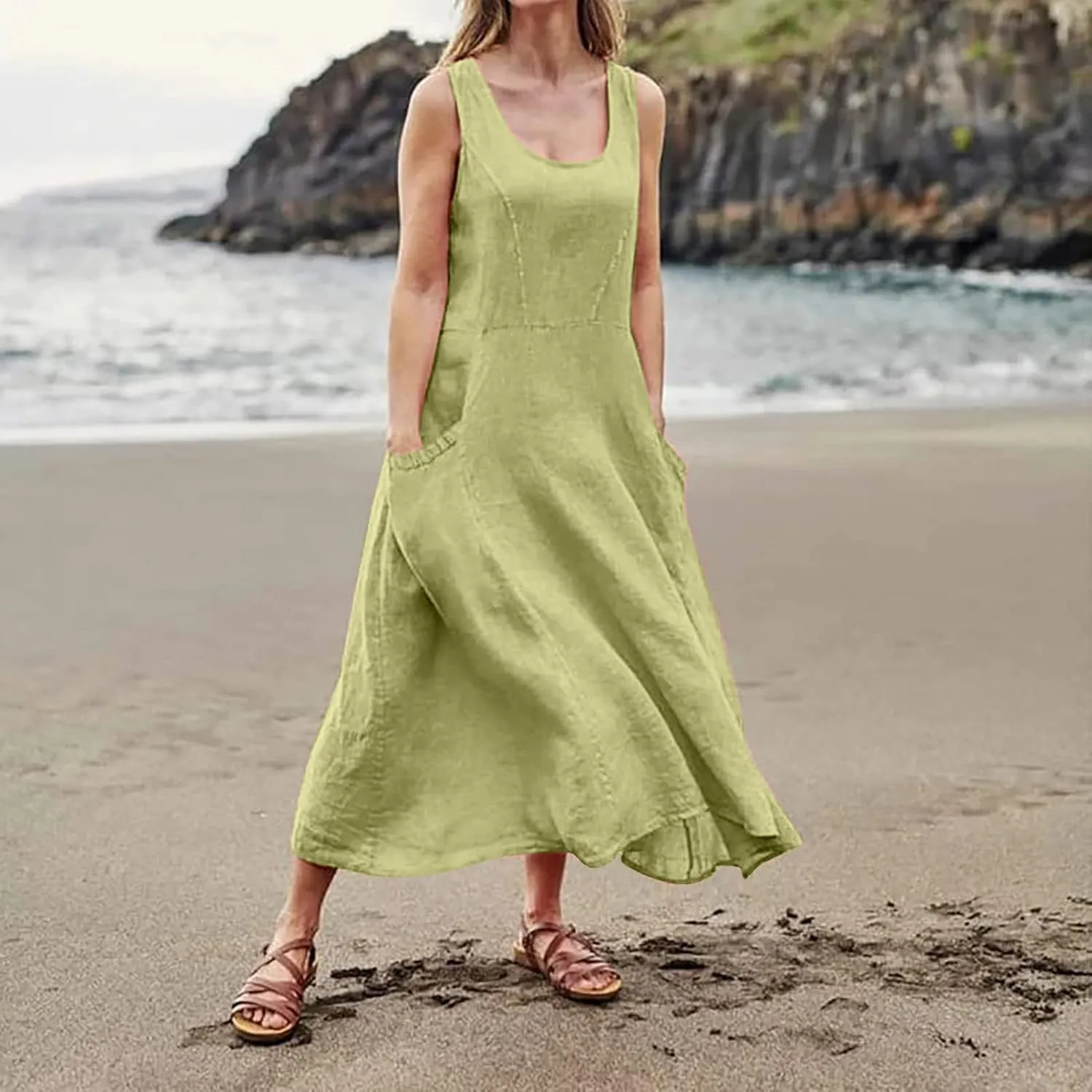 Maxi Dress for Women,2023 Spring Summer Cotton Linen Boho Casual Fashion Sleeveless Dress for Holiday