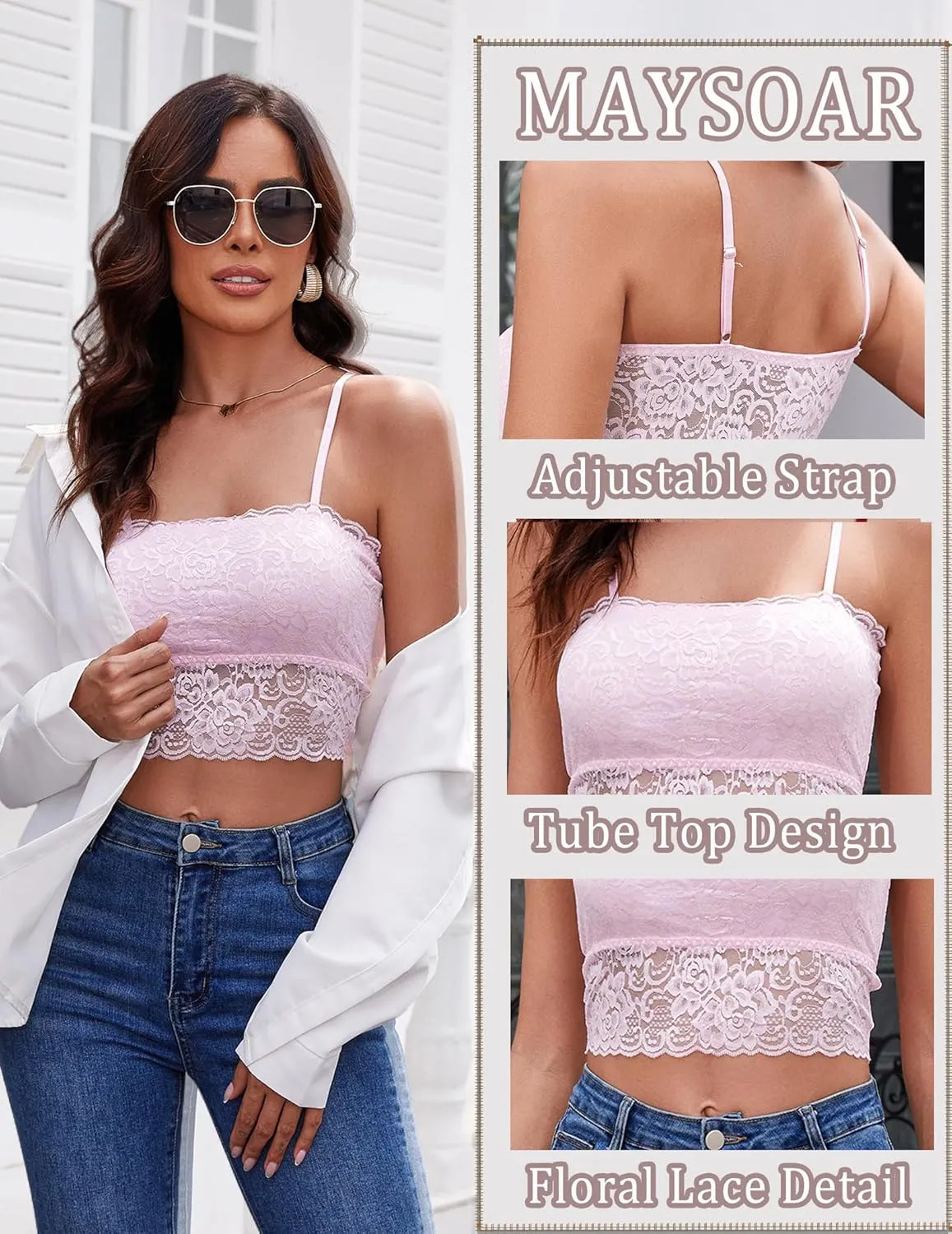 Maysoar Lace Bralette for Women, 2PCS Floral Camisoles Racerback Spaghetti Strap Tank Top Slim Fit Tops Basic Cami
