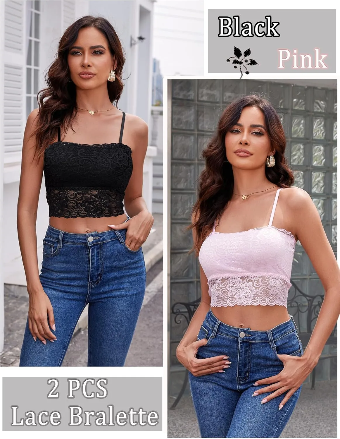 Maysoar Lace Bralette for Women, 2PCS Floral Camisoles Racerback Spaghetti Strap Tank Top Slim Fit Tops Basic Cami