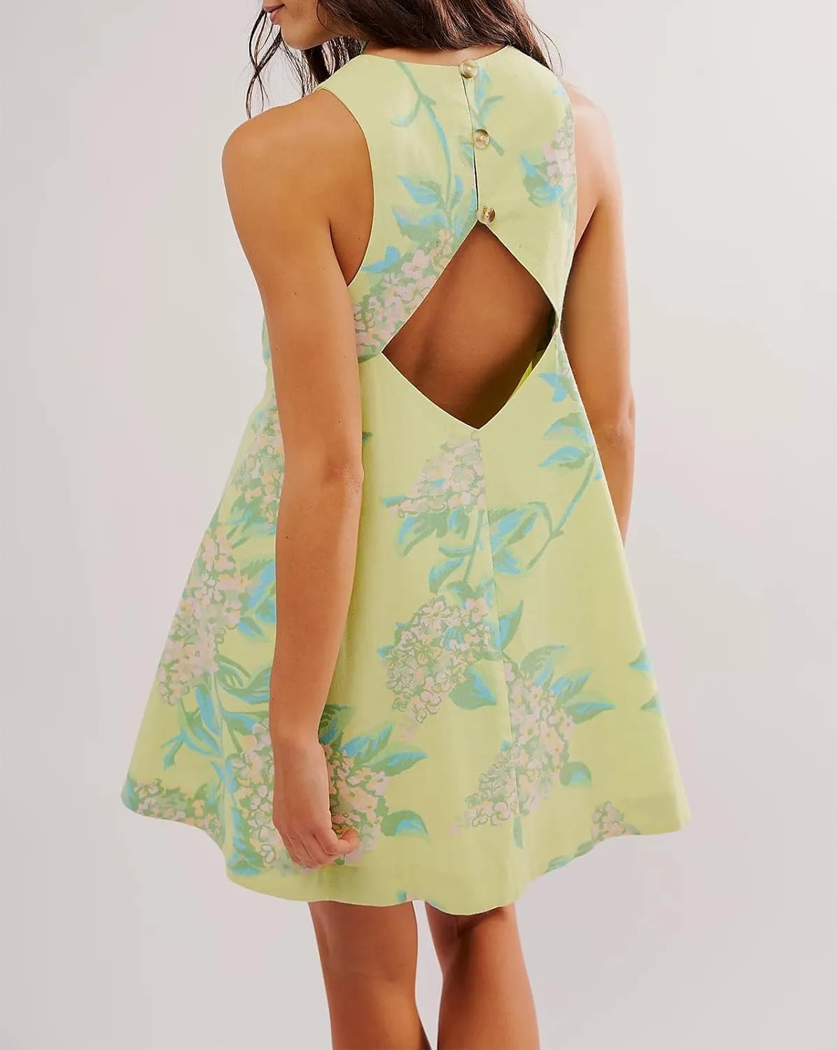 Melliflo Women Summer Tank Mini Dress Y2k Floral Print Crew Neck Sleeveless Back Zipper Hollow Out Beach Sundress