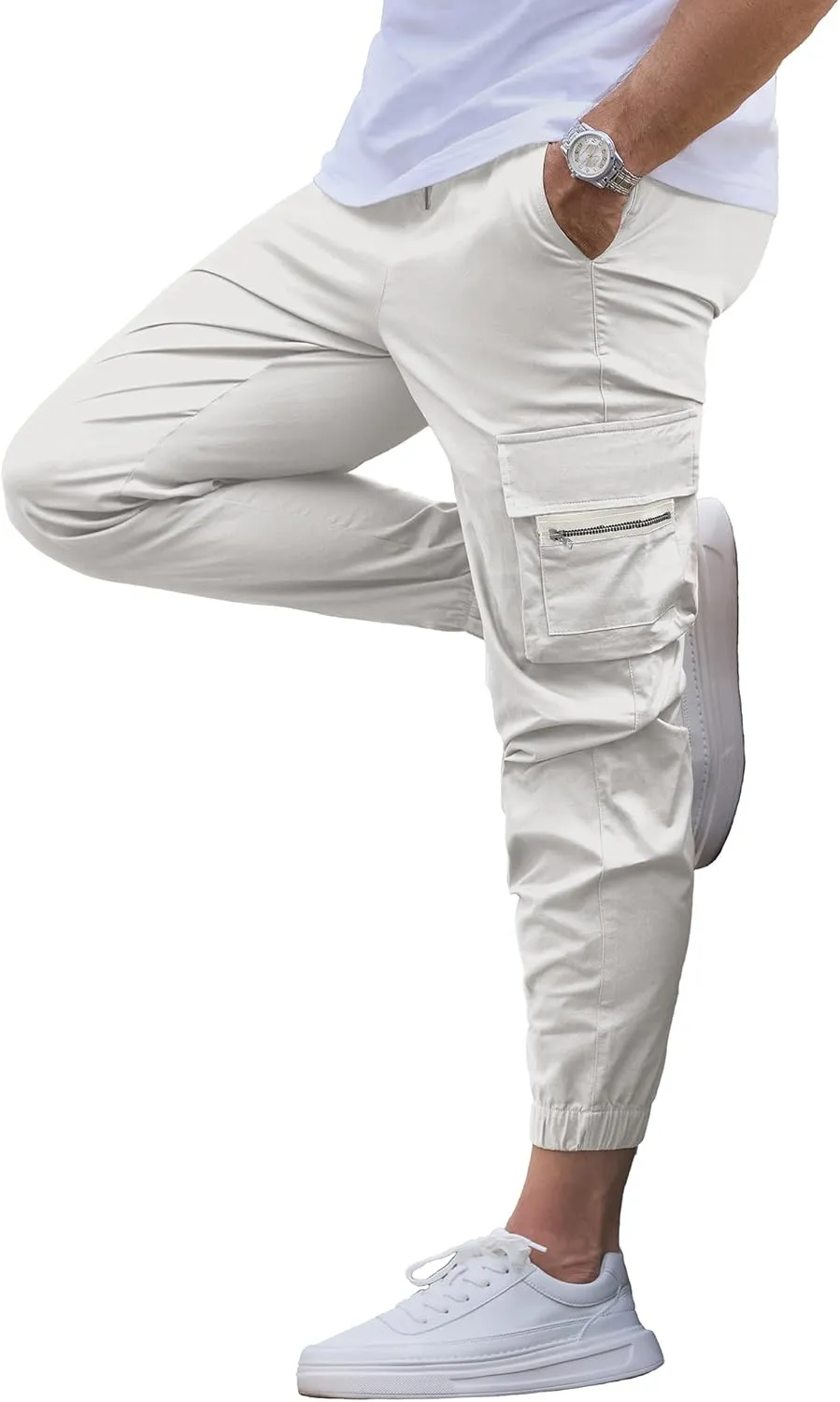 Mens Cargo Jogger Pants Elastic Waist Drawstring Regular with Zipper Pockets Cotton Pants for Men