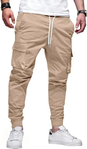 Mens Cargo Jogger Pants Elastic Waist Drawstring Regular with Zipper Pockets Cotton Pants for Men