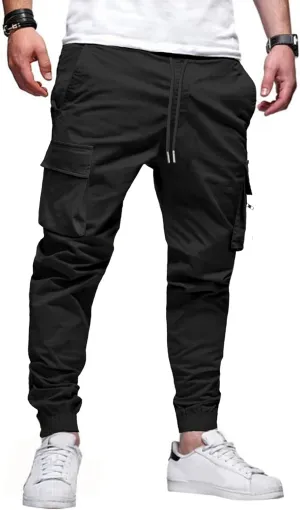 Mens Cargo Jogger Pants Elastic Waist Drawstring Regular with Zipper Pockets Cotton Pants for Men