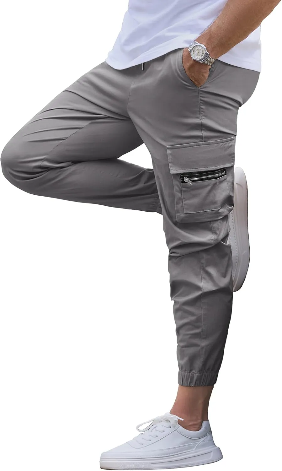 Mens Cargo Jogger Pants Elastic Waist Drawstring Regular with Zipper Pockets Cotton Pants for Men