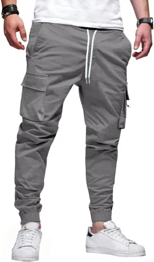 Mens Cargo Jogger Pants Elastic Waist Drawstring Regular with Zipper Pockets Cotton Pants for Men