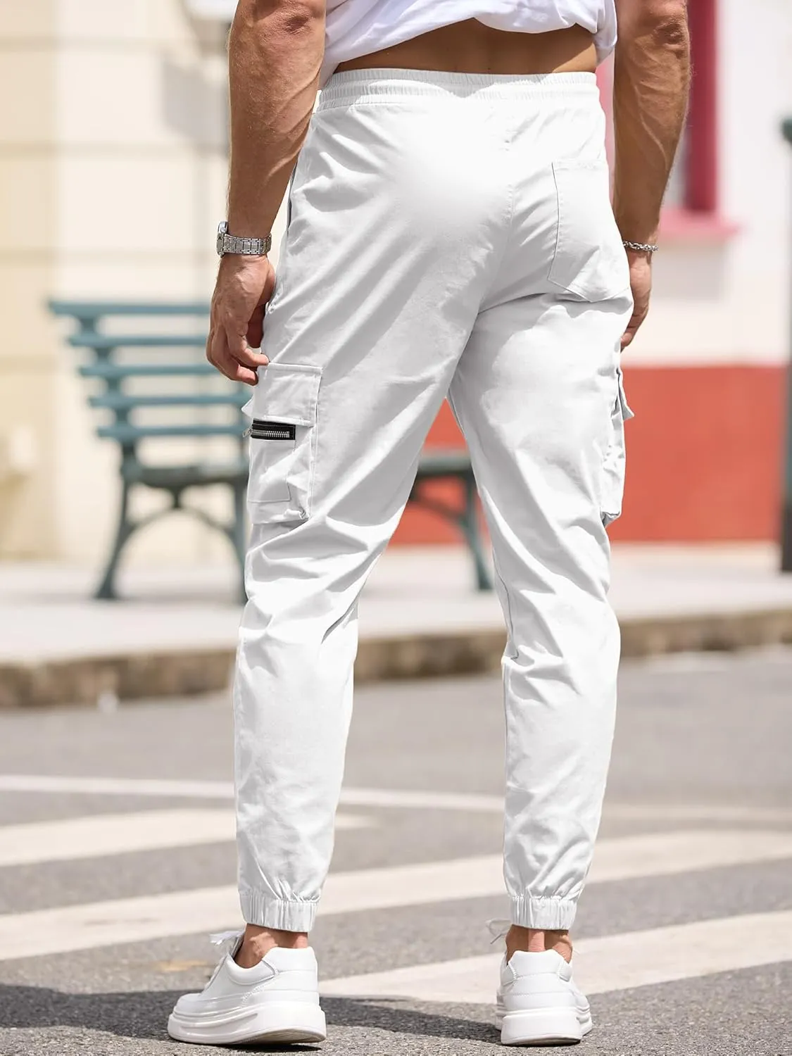 Mens Cargo Jogger Pants Elastic Waist Drawstring Regular with Zipper Pockets Cotton Pants for Men