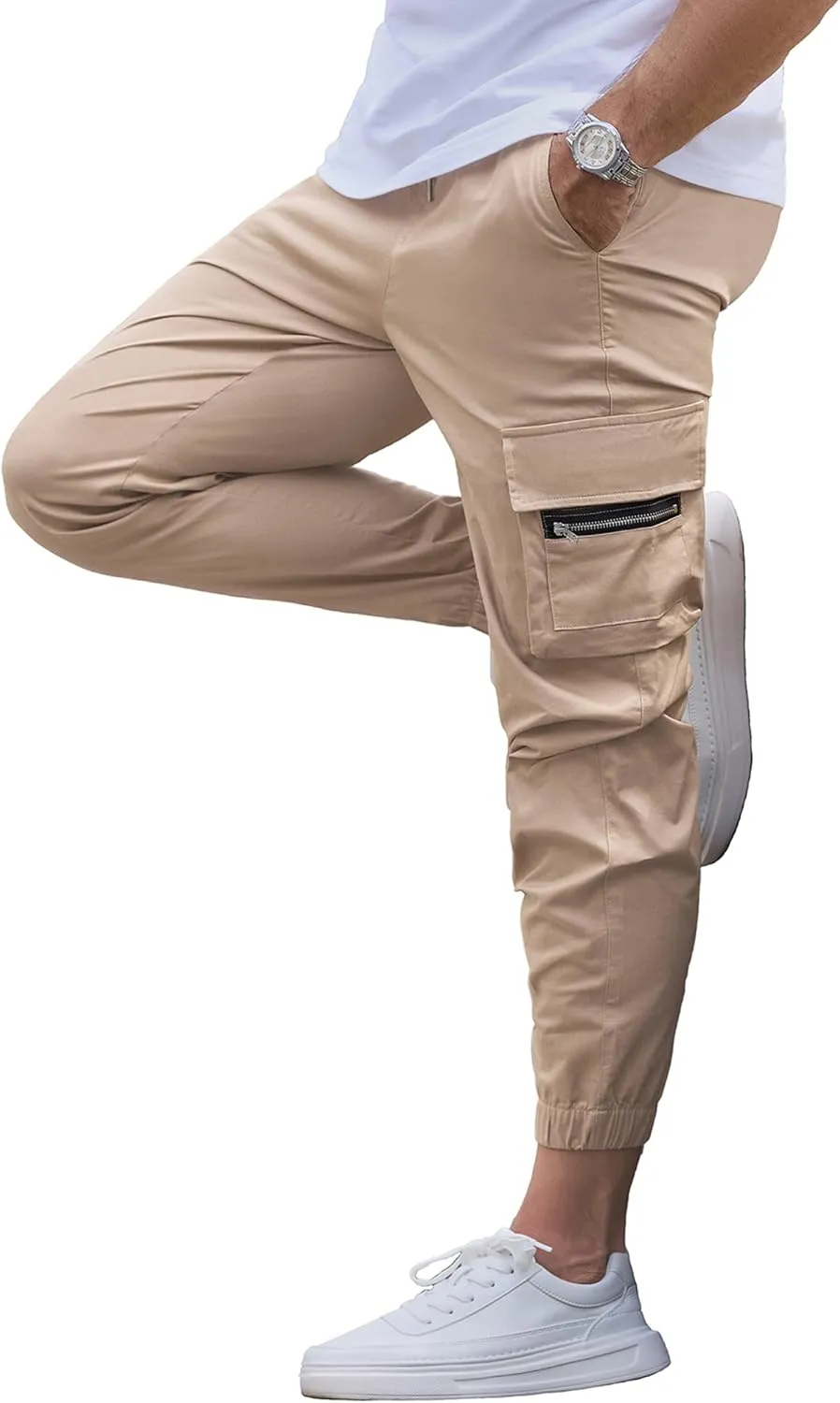 Mens Cargo Jogger Pants Elastic Waist Drawstring Regular with Zipper Pockets Cotton Pants for Men