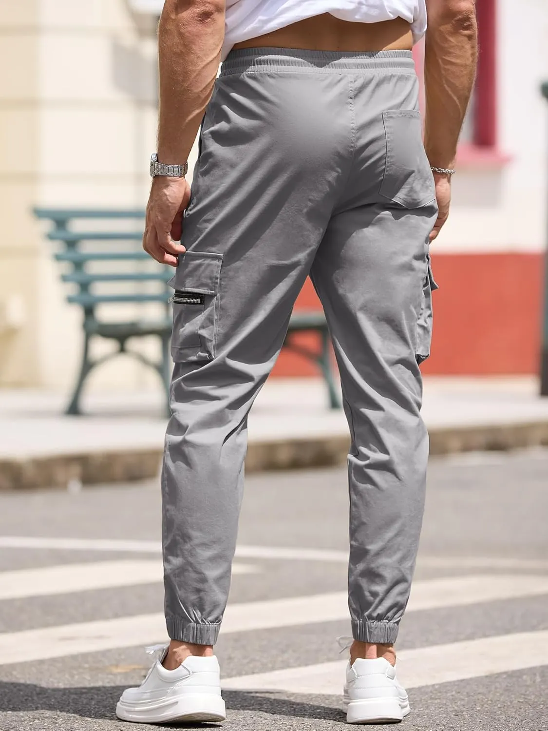 Mens Cargo Jogger Pants Elastic Waist Drawstring Regular with Zipper Pockets Cotton Pants for Men
