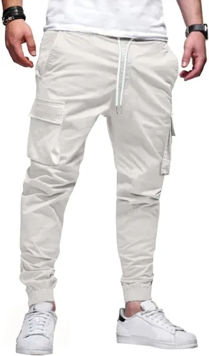 Mens Cargo Jogger Pants Elastic Waist Drawstring Regular with Zipper Pockets Cotton Pants for Men