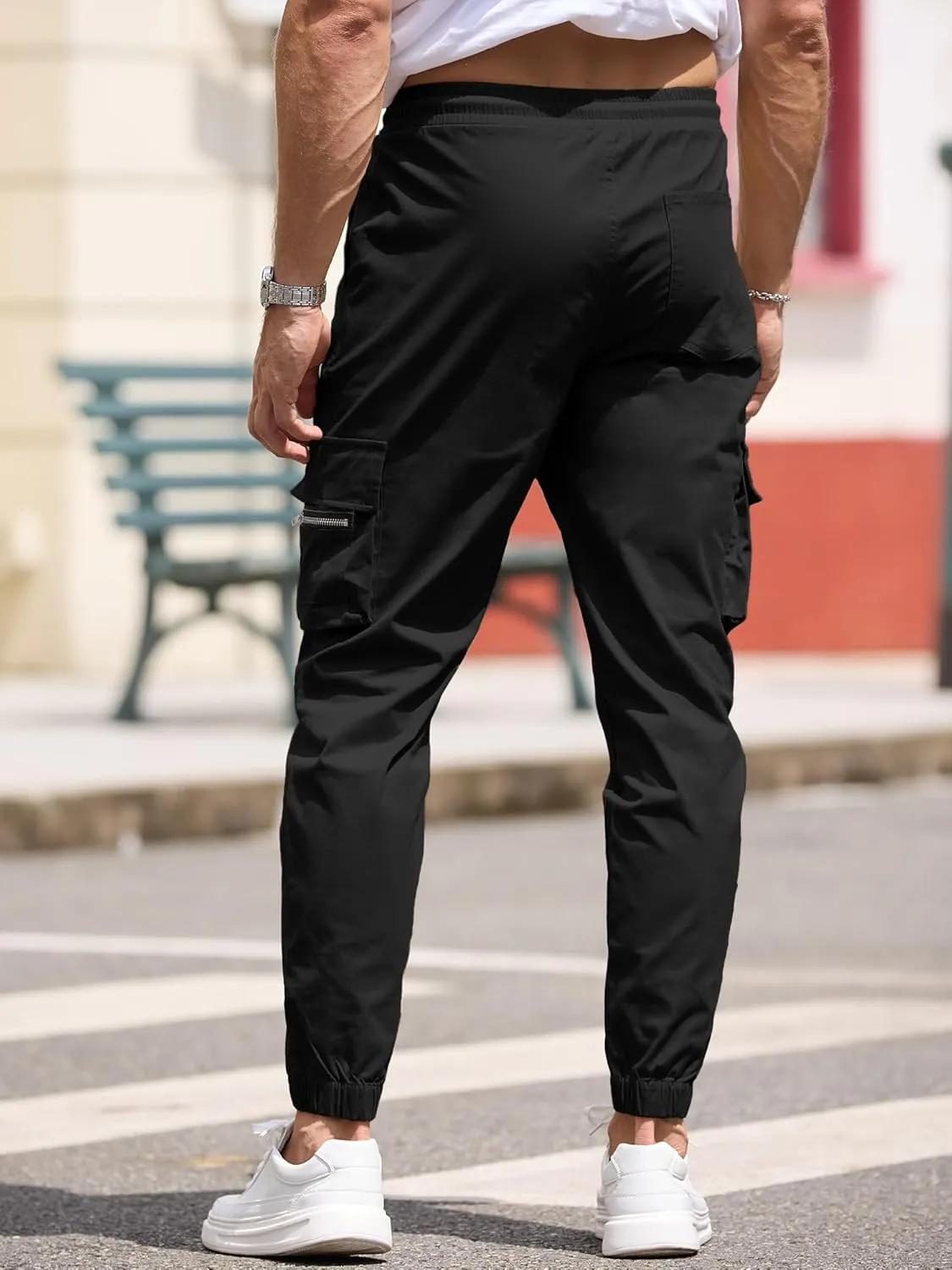 Mens Cargo Jogger Pants Elastic Waist Drawstring Regular with Zipper Pockets Cotton Pants for Men