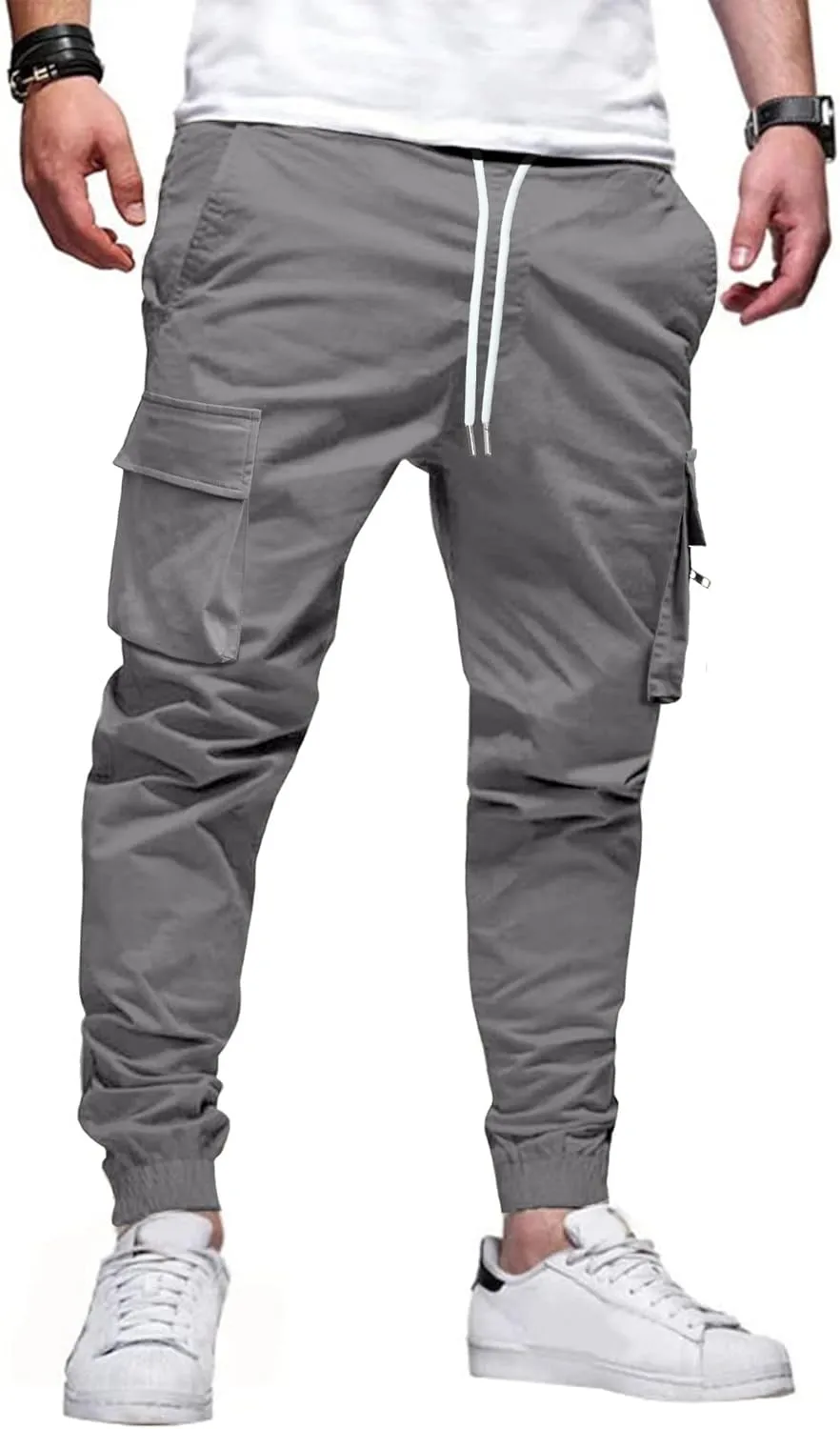 Mens Cargo Jogger Pants Elastic Waist Drawstring Regular with Zipper Pockets Cotton Pants for Men
