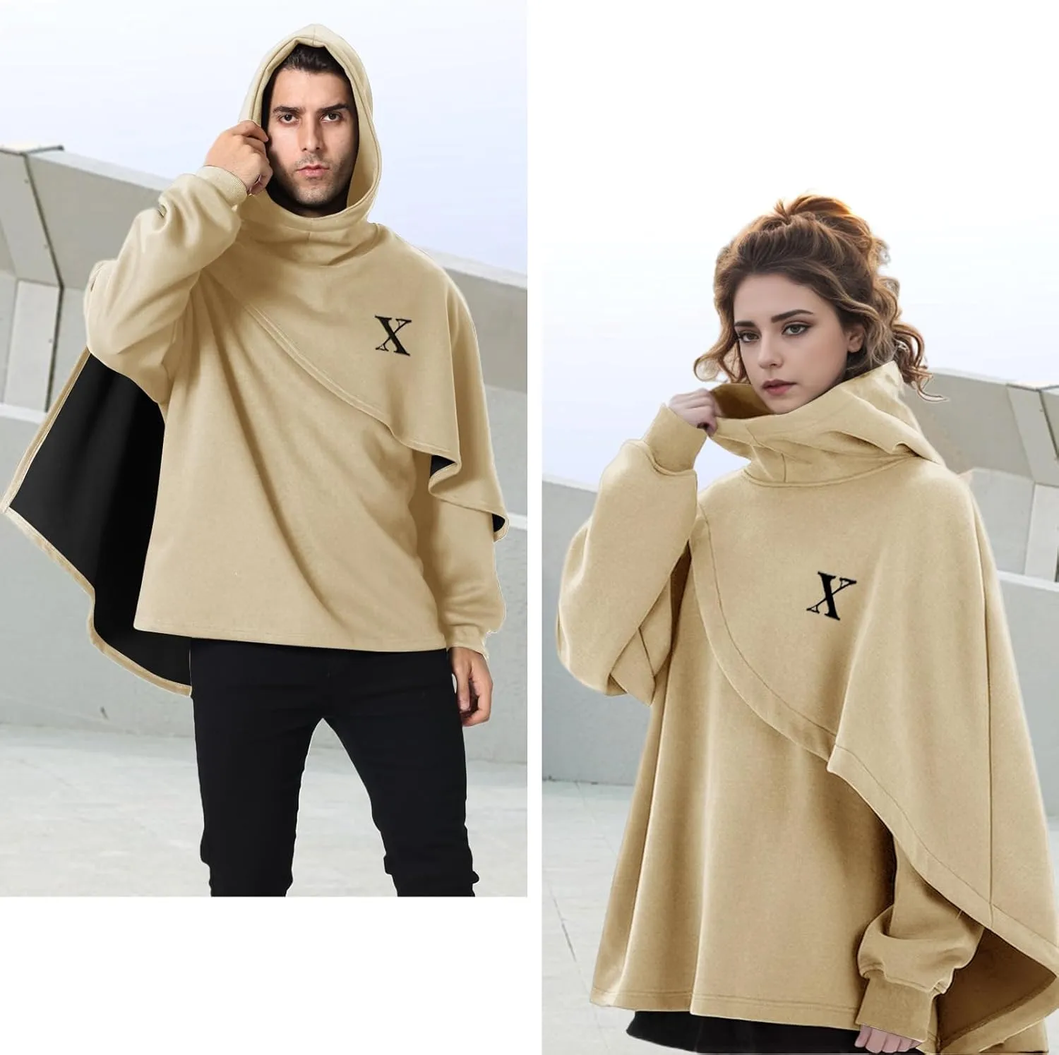 Men's Fashion Hoodie Poncho Cape Cloak Techwear Sweatshirts Unisex Lightweight Patchwork Casual Pullover