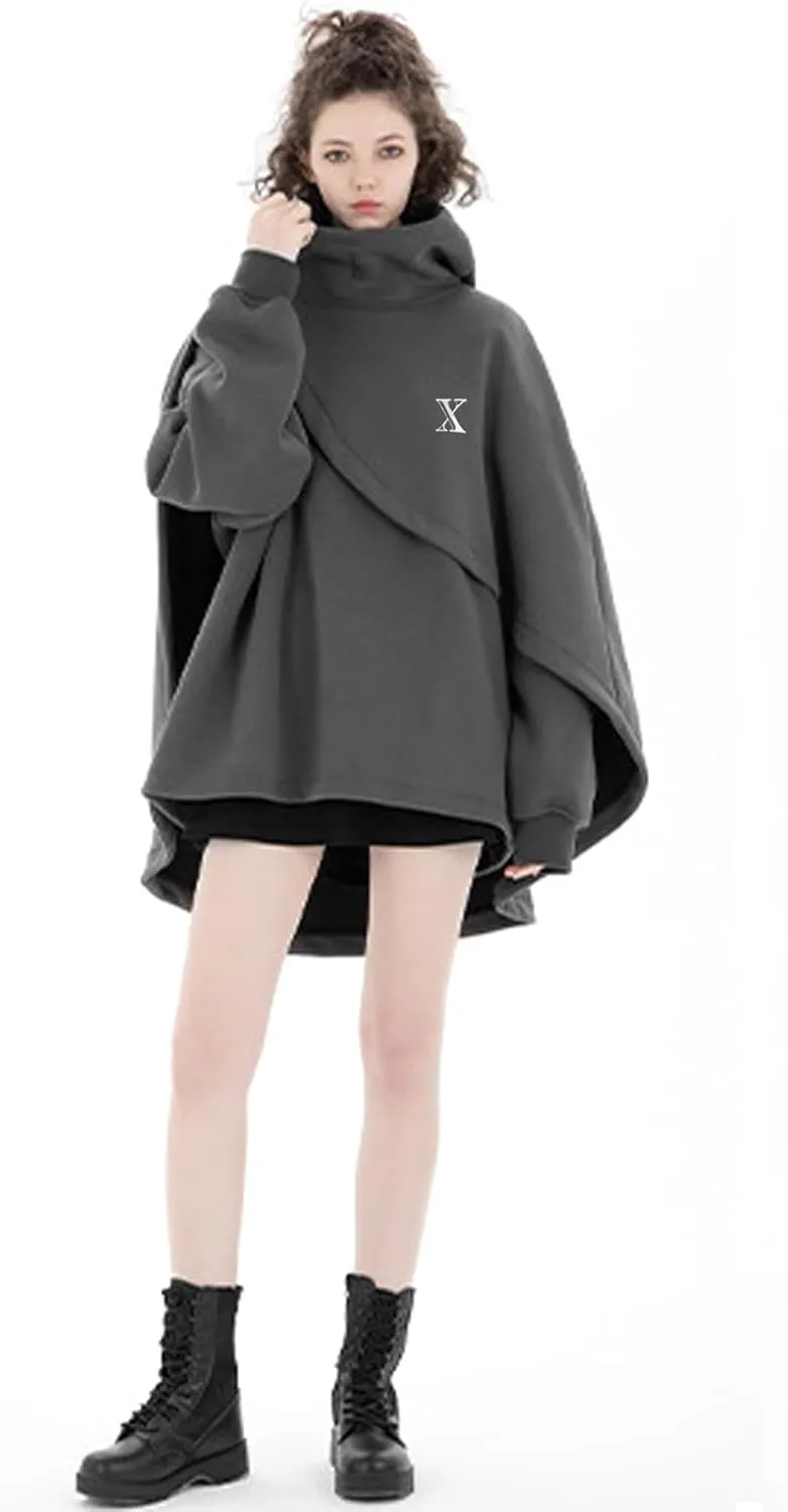 Men's Fashion Poncho Cape Cloak Hoodie Techwear Sweatshirts Unisex Lightweight Patchwork Hip Hop Casual Pullover