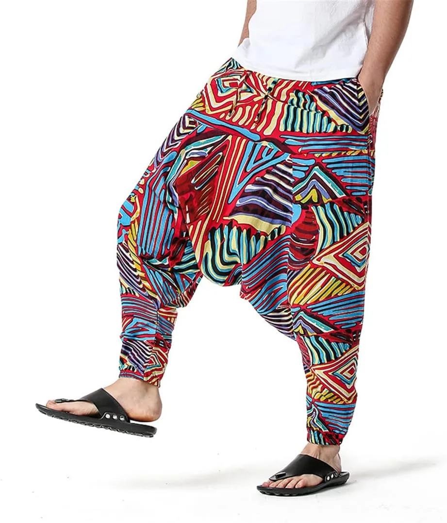 Men's Hippie Baggy Boho Harem Pants African Pattern Print Casual Hip Hop Pants