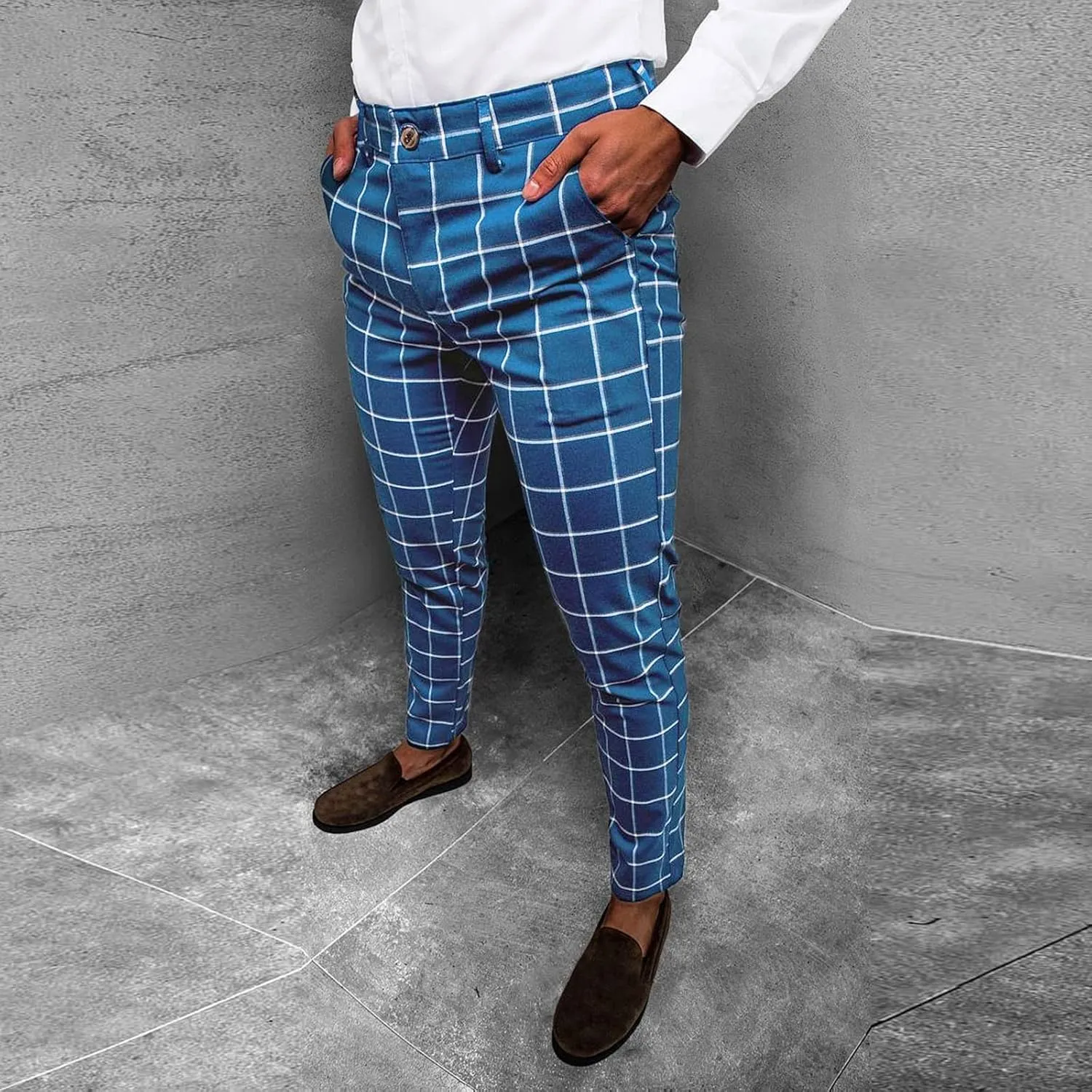 Men's Plaid Dress Pants Slim Fit Lightweight Business Work Trousers Zip Off Casual Strecth Golf Pencil Chinos with Pockets
