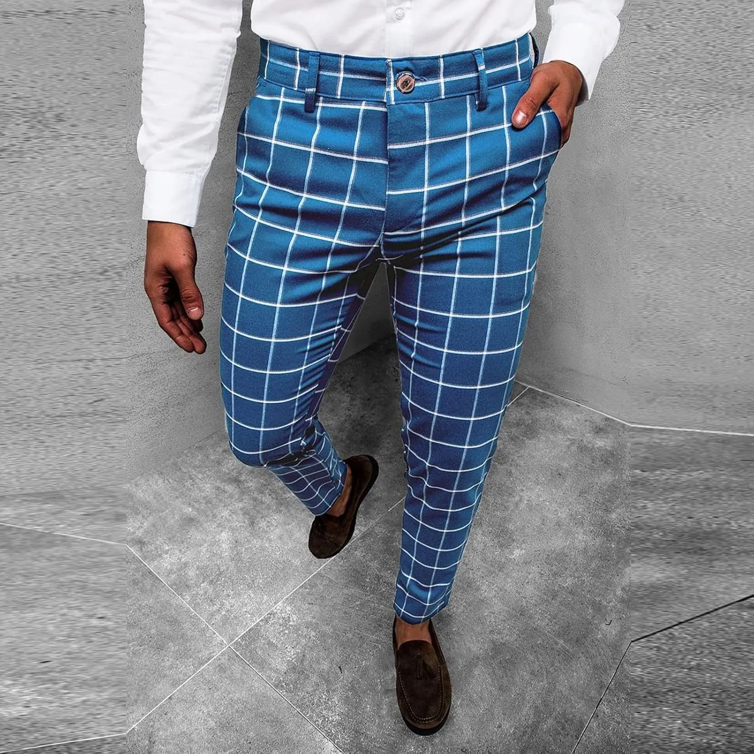 Men's Plaid Dress Pants Slim Fit Lightweight Business Work Trousers Zip Off Casual Strecth Golf Pencil Chinos with Pockets