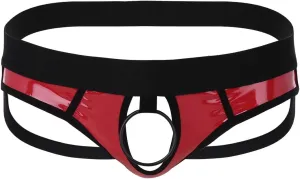 Men's Sexy Faux Leather Open Butt Jockstrap Bikini Briefs Underwear with Metal O-Ring