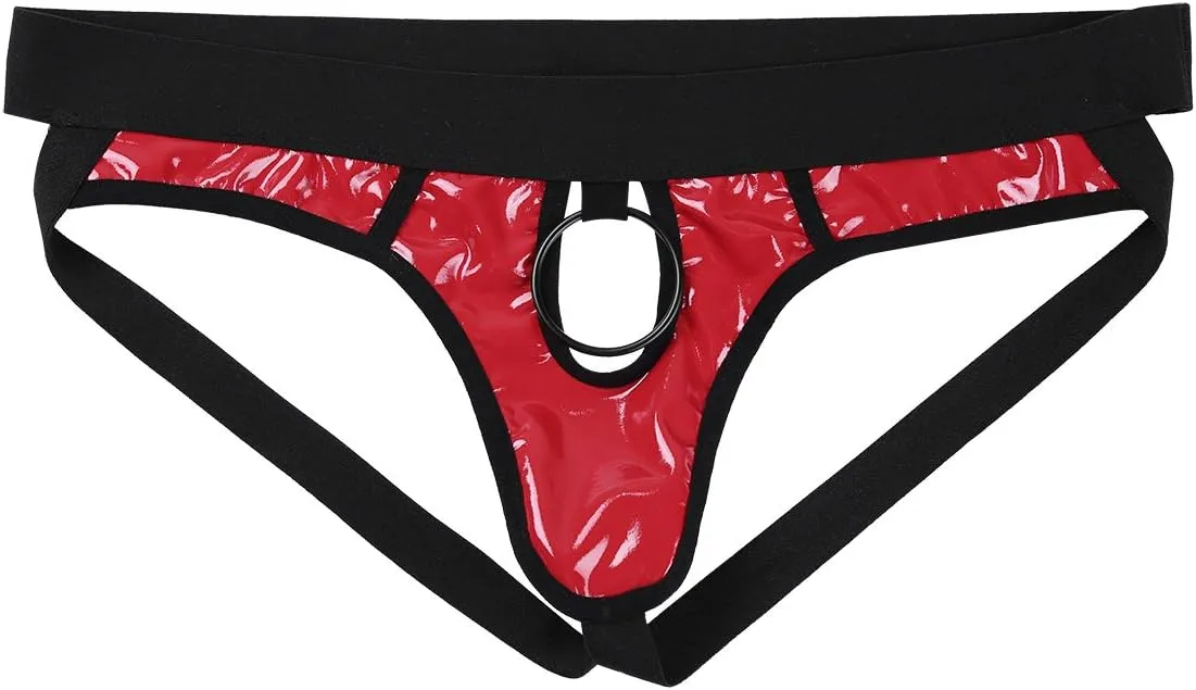 Men's Sexy Faux Leather Open Butt Jockstrap Bikini Briefs Underwear with Metal O-Ring