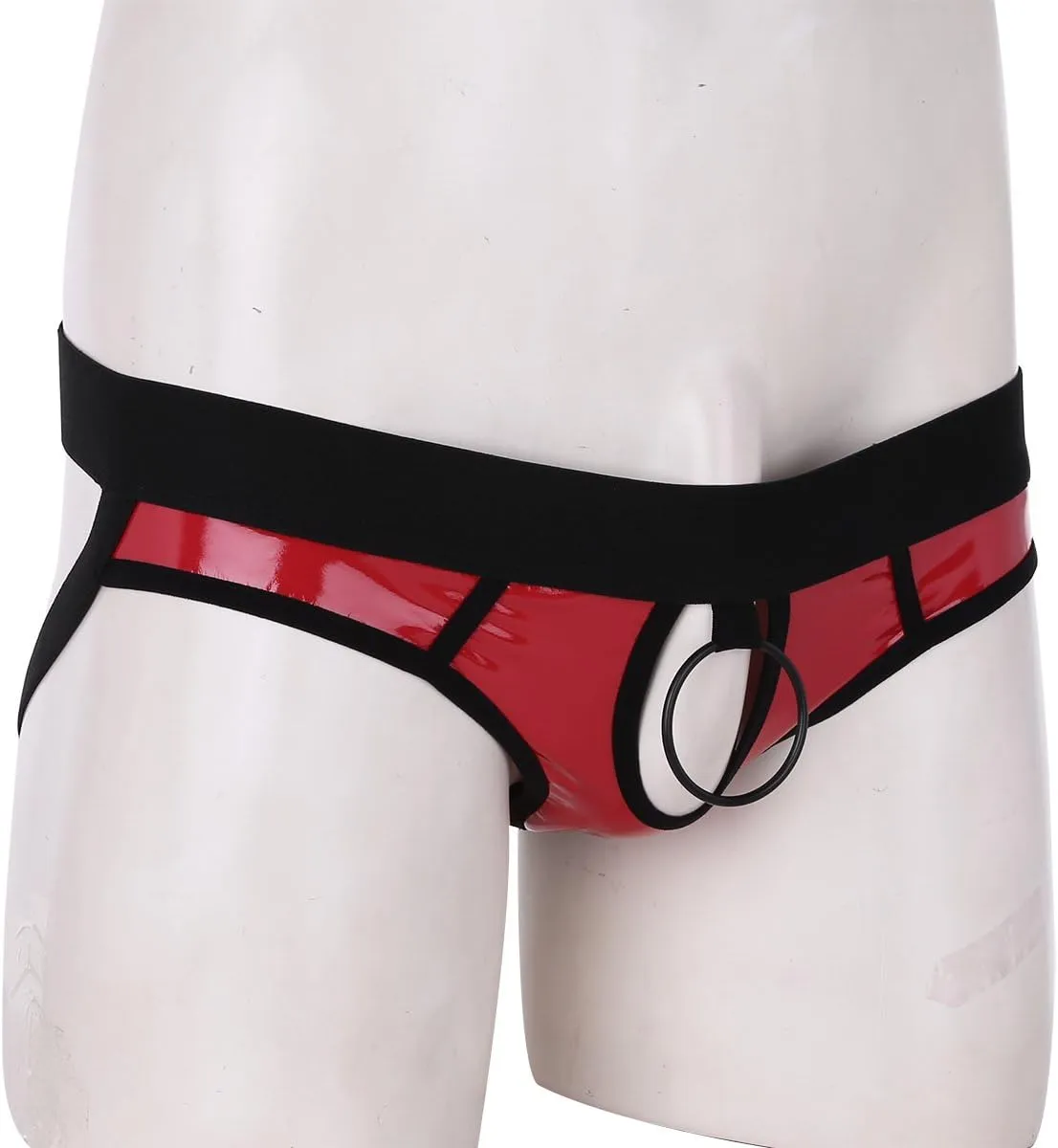 Men's Sexy Faux Leather Open Butt Jockstrap Bikini Briefs Underwear with Metal O-Ring
