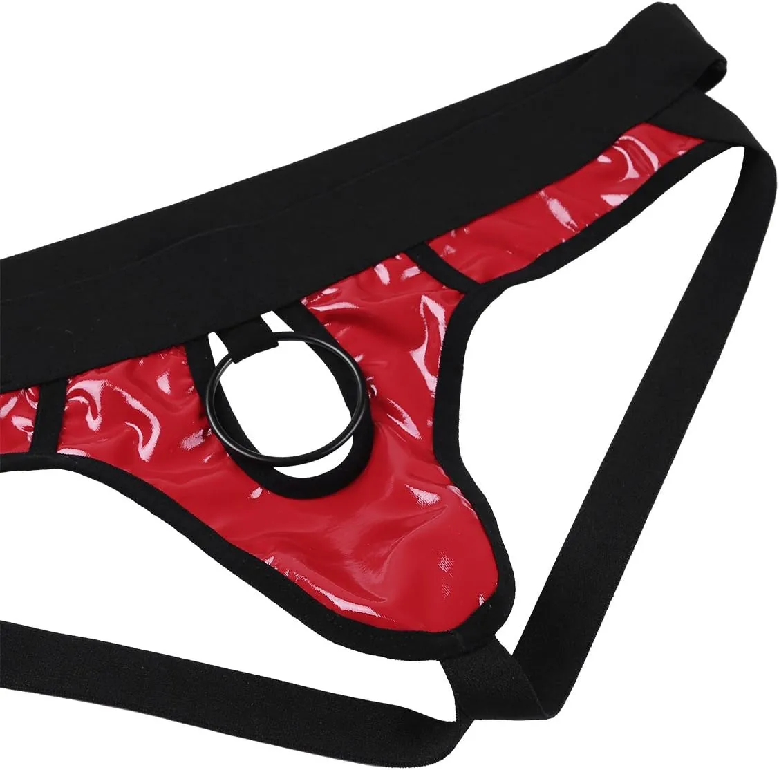 Men's Sexy Faux Leather Open Butt Jockstrap Bikini Briefs Underwear with Metal O-Ring