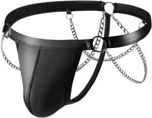 Mens Sexy Underwear Low Rise Bulge Pouch Bikini Jockstrap Briefs Shiny Leather Metal Chains Thongs