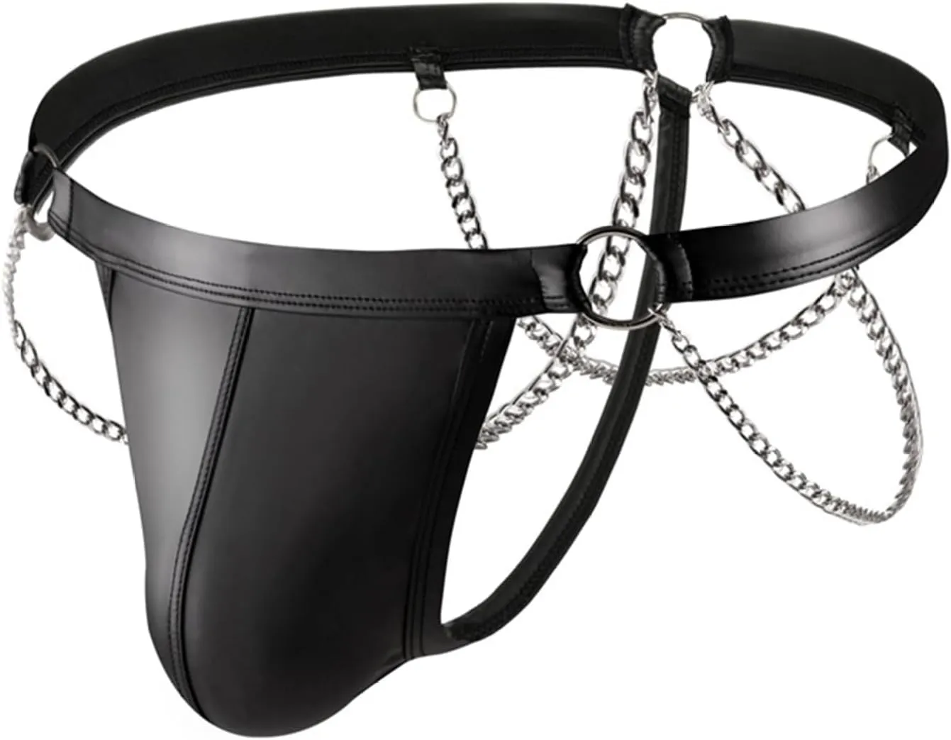 Mens Sexy Underwear Low Rise Bulge Pouch Bikini Jockstrap Briefs Shiny Leather Metal Chains Thongs