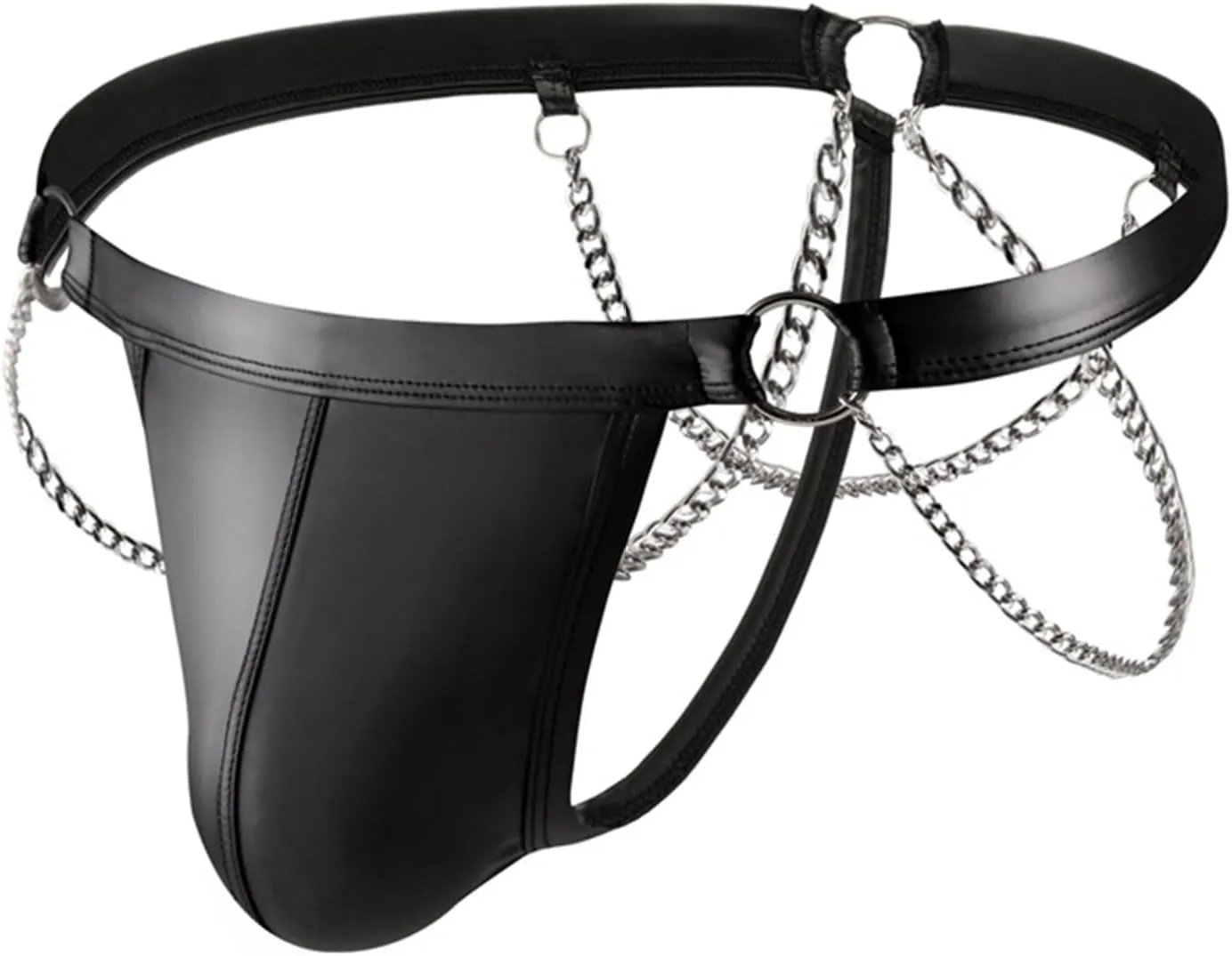 Mens Sexy Underwear Low Rise Bulge Pouch Bikini Jockstrap Briefs Shiny Leather Metal Chains Thongs