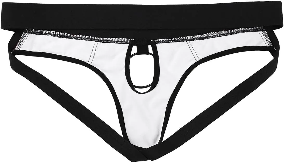 Mens Shiny Wetlook Leather Sissy O-ring Pouch Hole Jockstrap Bikini Briefs Hollow Out Hipster Thongs Underwear