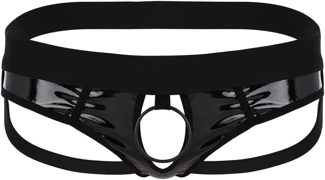 Men's Wetlook PVC Leather Hollow Out Thongs Bugle Briefs with Metal O-Ring Underwear