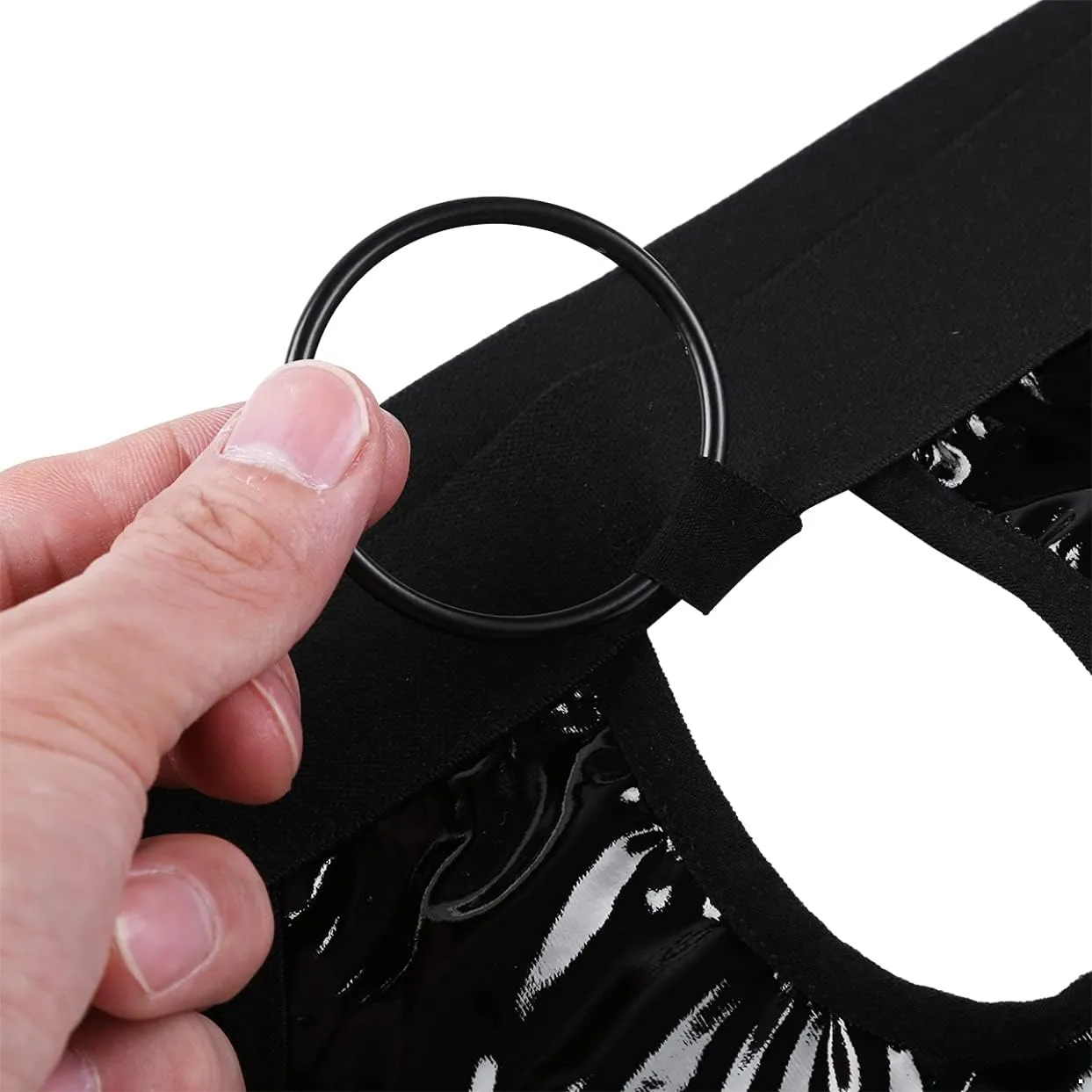 Men's Wetlook PVC Leather Hollow Out Thongs Bugle Briefs with Metal O-Ring Underwear